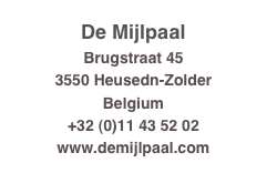 De Mijlpaal
Brugstraat 45
3550 Heusedn-Zolder
Belgium
+32 (0)11 43 52 02
www.demijlpaal.com